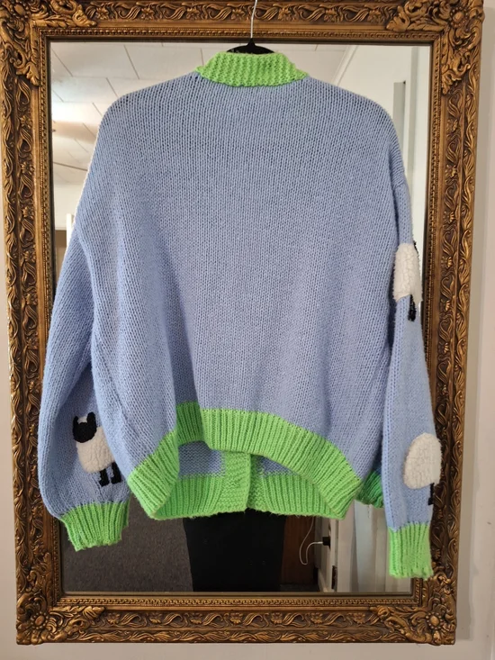 Pastel Blue Sheep Knit Cardigan with Lime Trim - Picture 2 of 2